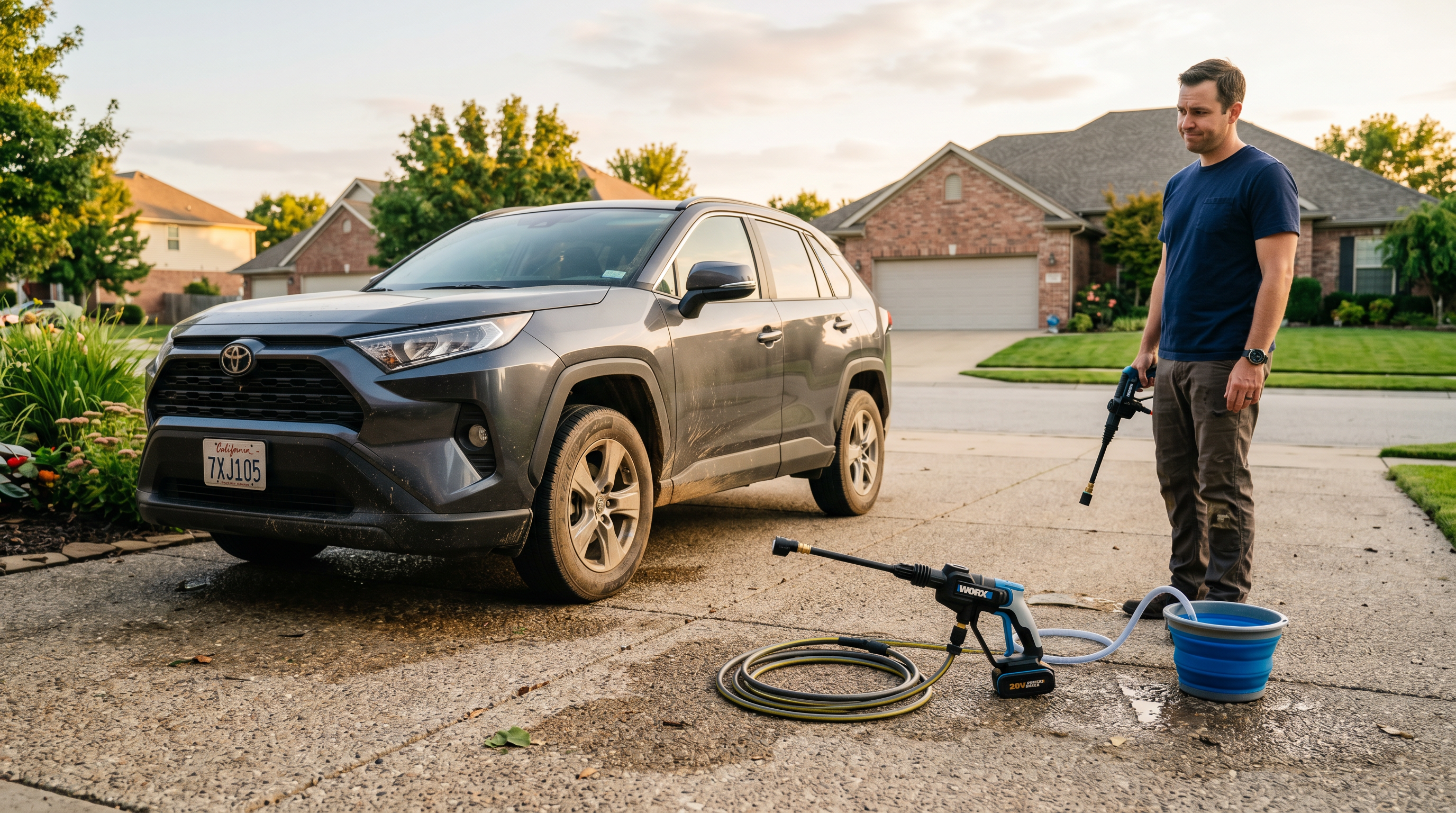 Man with a battery-powered pressure washer on a driveway