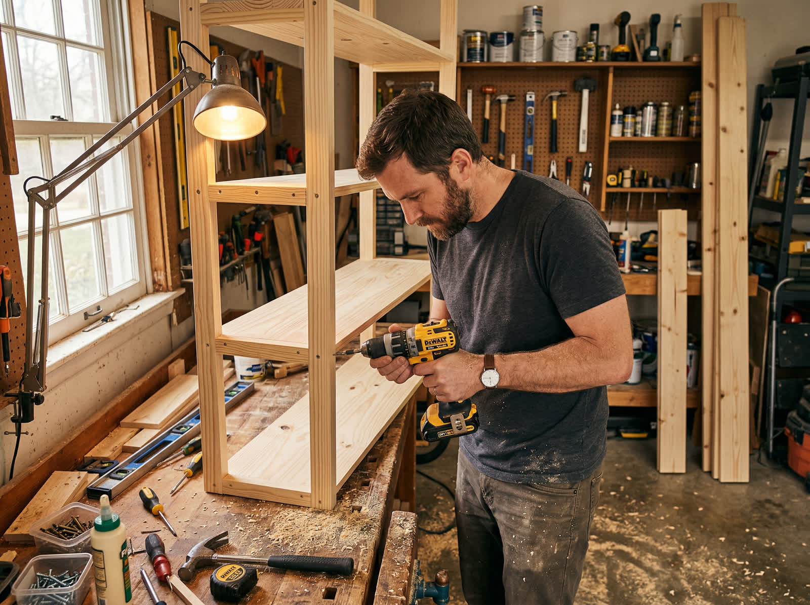 Man using a cordless drill in a home workshop
