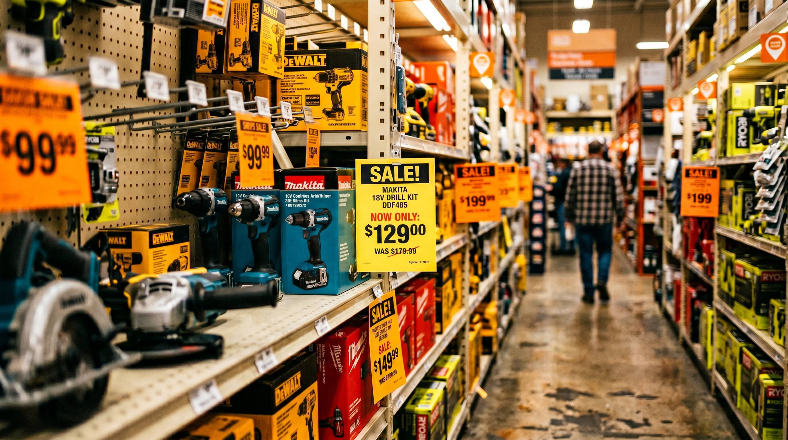 Hardware store aisle with sale price tags on power tools