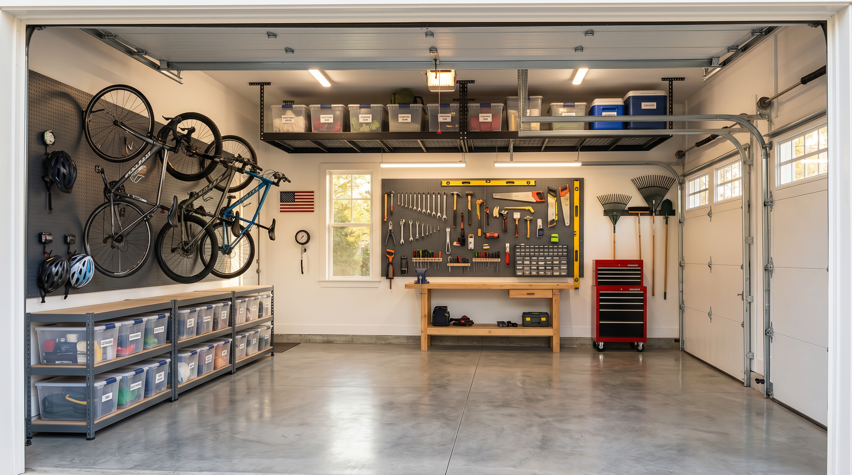 Organized garage with pegboard, ceiling storage, and labeled bins