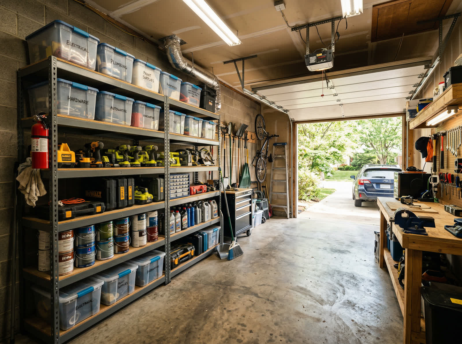 Organized garage with heavy-duty shelving