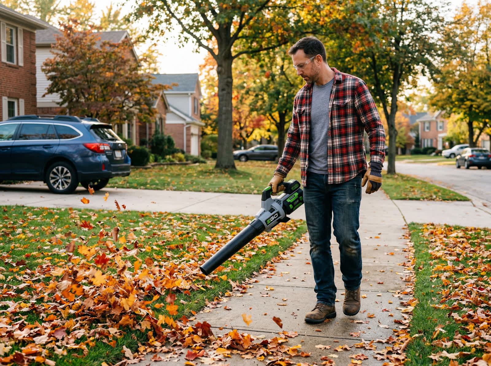 Man using a battery leaf blower on a suburban sidewalk