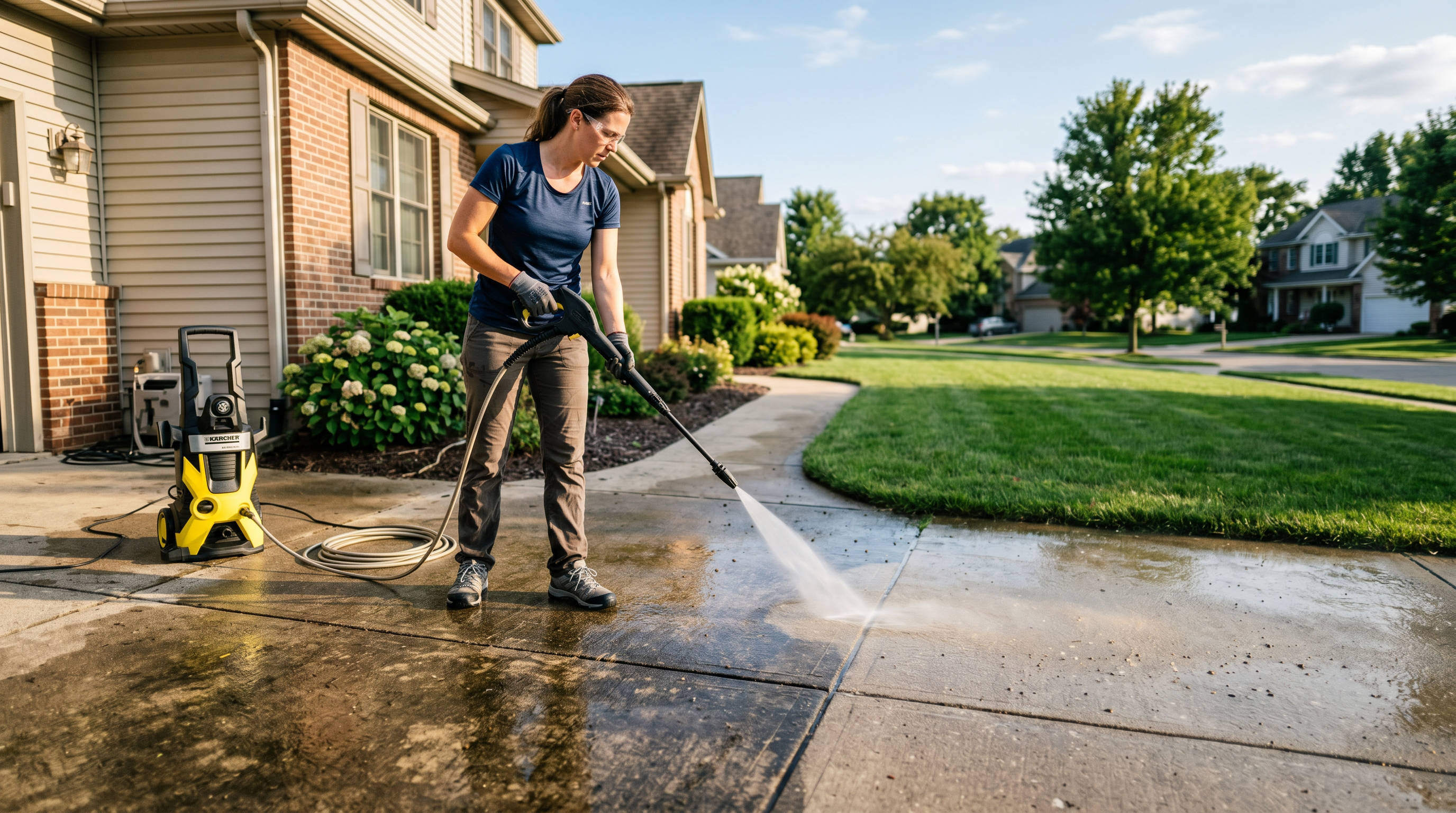 Woman pressure washing a suburban driveway