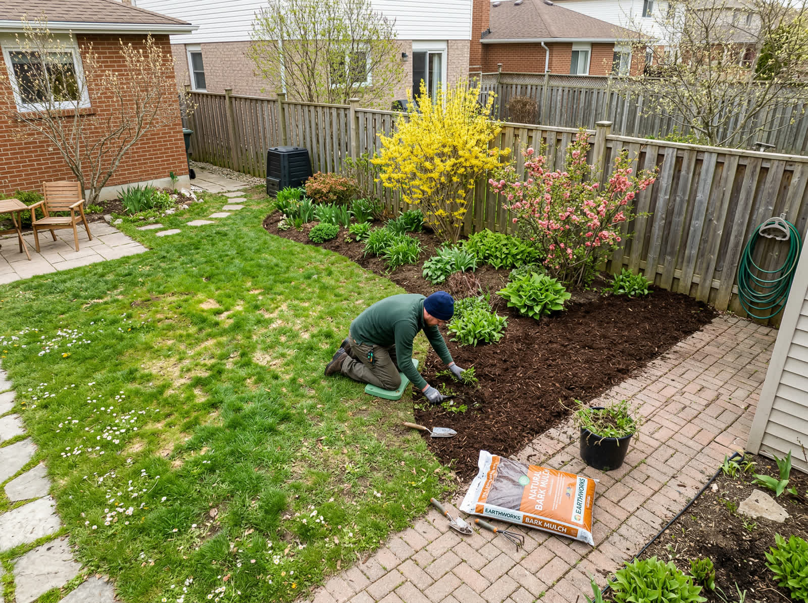 Person working in a spring garden bed