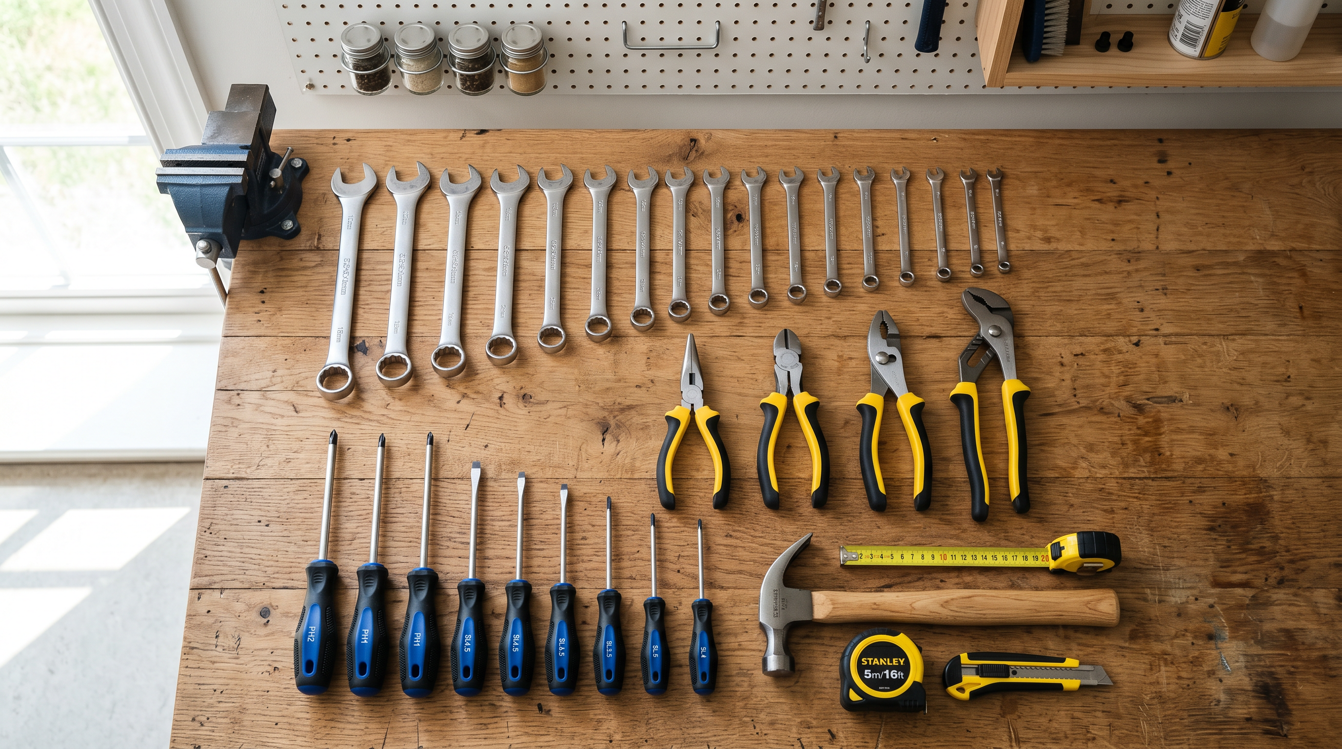Tool set laid out on a wooden workbench