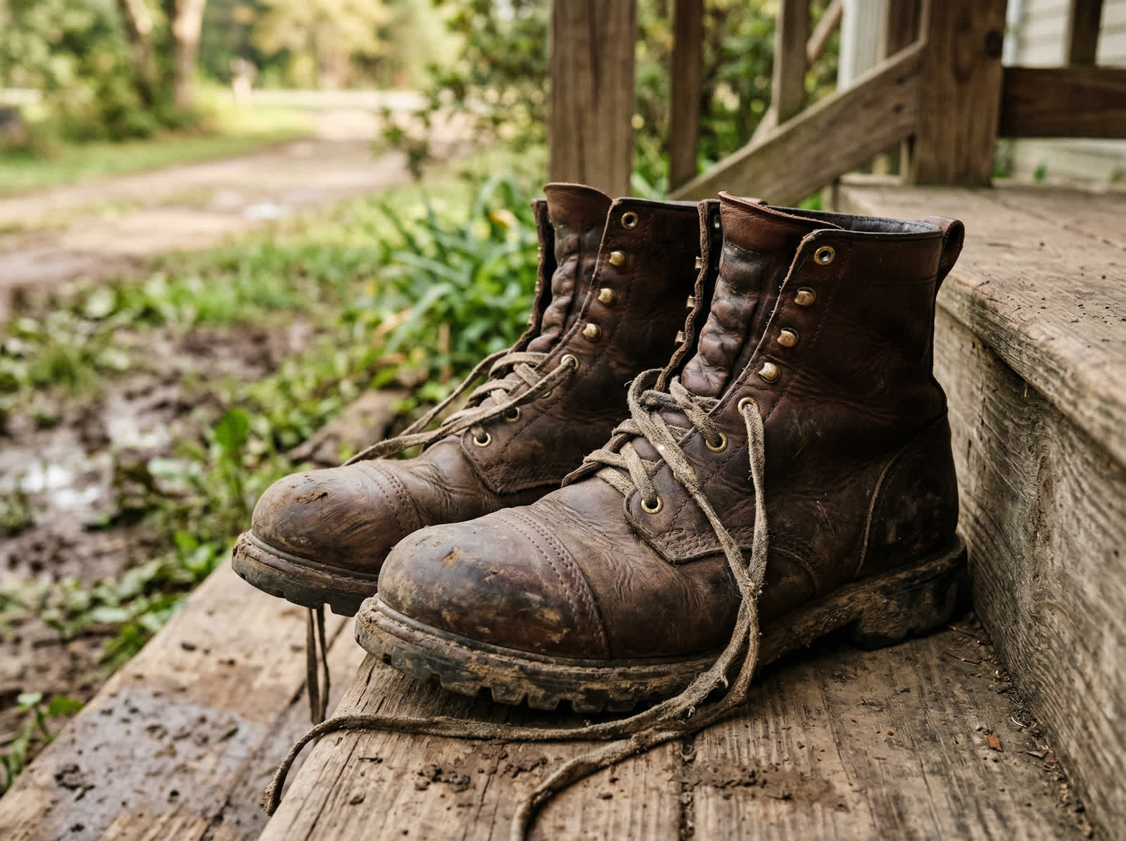 Worn leather work boots on a wooden porch step